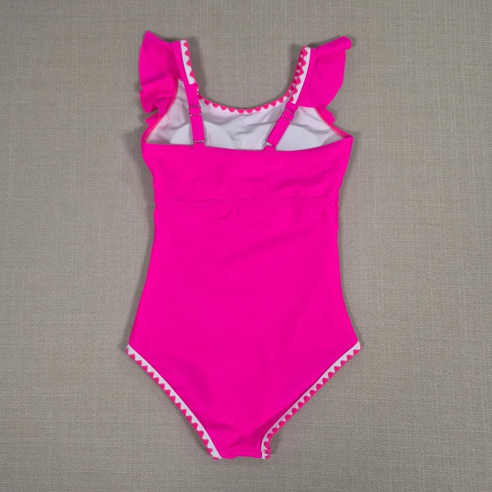 Girls Pink Ruffle One Piece Swimsuit Ric Rac Trim Size 11-12Y